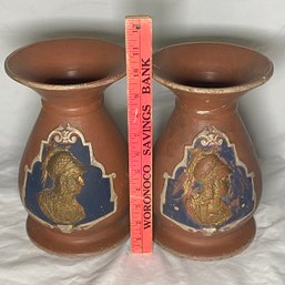 Pair Ceramic Early One Repair Roman Style Vases 6x10