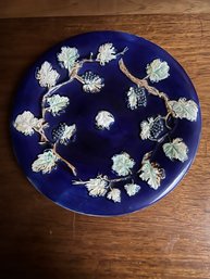 Antique Majolica 19 C Decorative Art Pottery Cobalt Blue Blackberry Leaf Plate