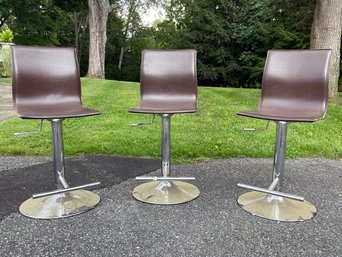 A Trio Of Italian Modern Leather And Chrome Bar Stools - Adjustable Height