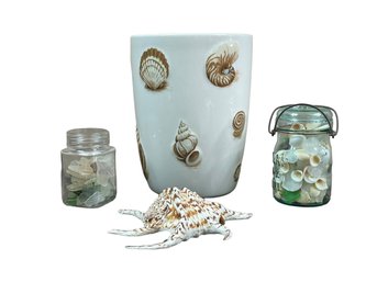 By The Sea Decor  - Ceramic Planter, Spider Conch Shell & Jars Of Shells And Sea Glass