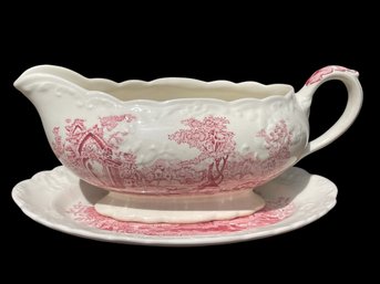 English Abbey GRAVY BOAT & UNDERPLATE Embossed Red Transferware