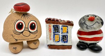 1970s Stoney Maloney Pet Rock, Hand Painted River Rock Figurine & Painted House