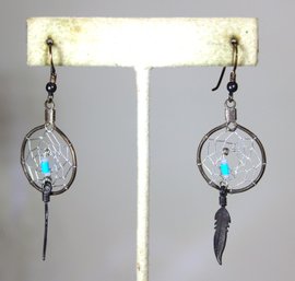 Vintage Sterling Silver Southwestern Dreamcatcher Pierced Earrings W Turquoise