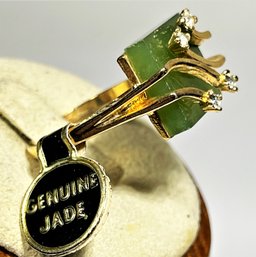 Gold Tone Genuine Jade Designer Ladies Ring Size 7 Having White Stones