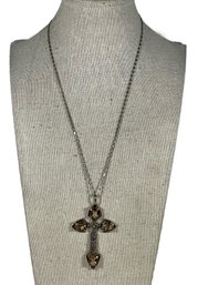 Silver Tone Fine Cross Pendant On Chain Having Qartz Stones