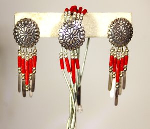 Southwestern Sterling Silver Native American Pierced Earrings & Bracelet W Coral