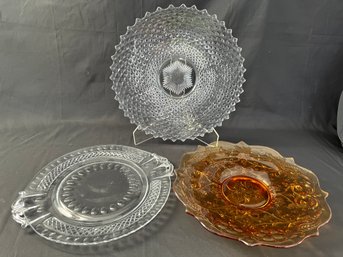 3pc Serving Pieces - English Hobnail Cake Plate, Amber Footed Bowl & Handled Dish