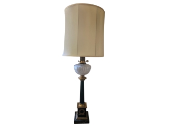 Pair Of Tall Hollywood Regency Style Buffet Lamps With Marble Base And Paneled Drum Shade