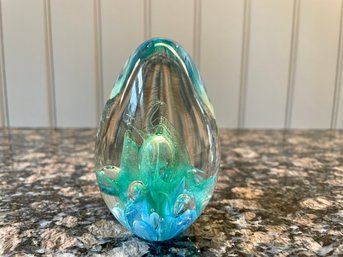 Glass Egg Shaped Paperweight, Hand Blown Artist Signed & Dated