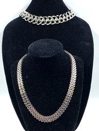 Pairing Of Silvertone Link Watchband Style Collar Necklace