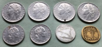 Lot Of 8 Foreign Coins - 7 From Italy & 1 From Israel - 1957, 1958, 1964 & 1970 100 Lire, 1956 & 1962 50 Lire