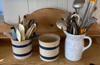 2 Vintage Crocks & Vintage Blue Sponge Pitcher