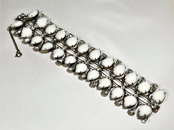 Large Vintage Opaque White And Rhinestone Wide Bracelet 1960s