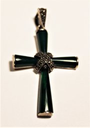 Sterling Silver Green Onyx Marcasite Cross Pendant