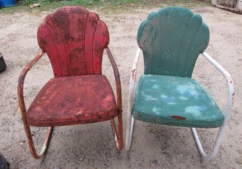 2 Vintage Red And Green Outdoor Metal Chairs