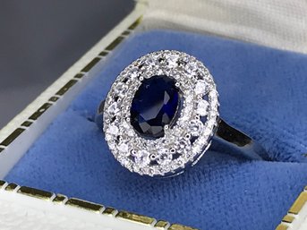 Wonderful Brand New 925 / Sterling Silver Ring With Sapphire And Sparkling White Zircons - Lovely Ring !