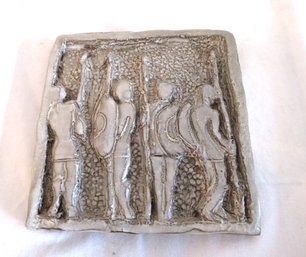 Mid-century Modern Carved Pottery Tile With Soldiers
