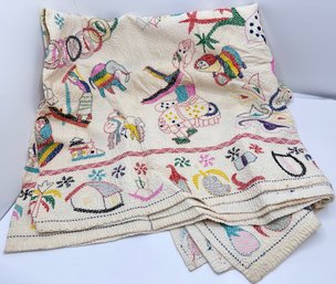 Vintage Hand Embroidered Cotton Throw Blanket  Or Wall Hanging