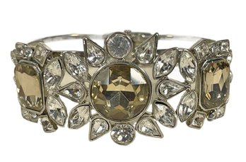 Vintage Large Smoky White Stones Hinged Cuff Bracelet Rhinestones