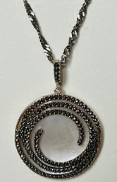 VINTAGE SIGNED STERLING SILVER MOP & MARCASITE SWIRL NECKLACE