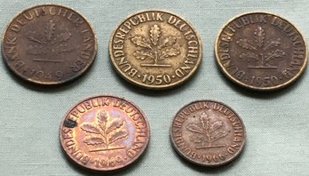 Lot Of 5 Germany German Pfennig Coins - A 1949 10, 2 1950 10s, 1969 2 & 1966 1 Pfennig Coin