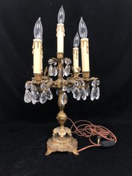 Antique Five Light Spanish Brass And Crystal Electric Candelabra