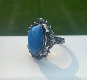 Blue Cabachon Stone Sterling Ring ~ Size 5 1/4 ~  (D)