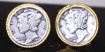 Fine Pair Of Vintage Gold Tone Silver Mercury Dime Cufflinks