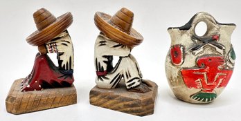 Small Hand Carved Wood Mexican Siesta Nap Bookends & Native American Double Wedding Jug