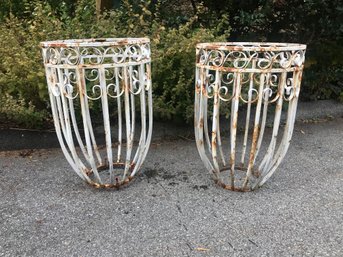 Beautiful Pair Of Vintage Wrought Iron Plant Stands ? Tables ? - They Have  MANY USES - Nice Rusty White Paint