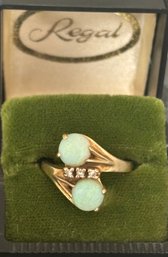 Vintage Women's Double Opal & Diamond 14K Yellow Gold Ring Size 5.75 Original Case From Jewelers