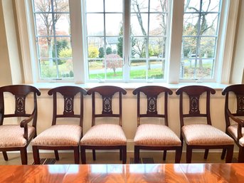 Set Ten Julia Gray Classic Cherry Dining Chairs Custom Upholstered In Silk Damask (LOC:W2)