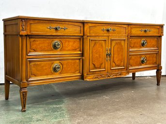 A Vintage Paneled Burl Wood And Fruit Wood Dresser In Palm Beach Regency Style, C. 1970's