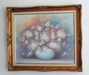 Gilt Framed Canvas Painting Of Daisies Signed Malin