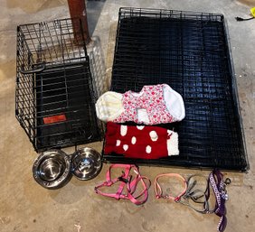 Lot Of Two Dog Crates And Dog Accessories- Bowls Collars Clothes Leash And Harness         BSMT