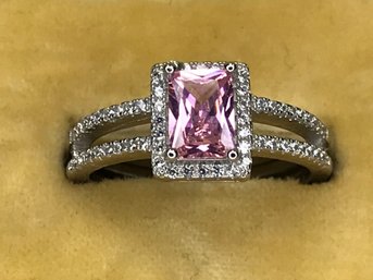 Wonderful Brand New STERLING SILVER / 925 Ring With Square Pink Tourmaline Double Channel Set Zircons - Wow !