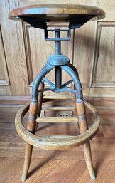 Antique Adjustable Height Solid Wood Stool