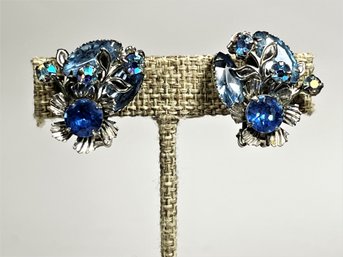 Vintage Blue Rhinestone Earrings Ear Clips Flowers 1960s