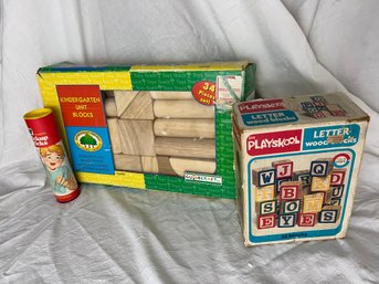 Two Sets Of Wooden Vintage Children's Blocks & Original Pickup Sticks