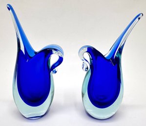 Set Murano Blue Art Glass Sommerso Bud Vase With Tip