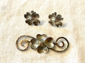 Dogwood Flower Sterling Earrings & Brooch Set