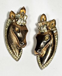 Pair Coro Craft Sterling Silver Horse Head Dress Clips (missing Many Stones)