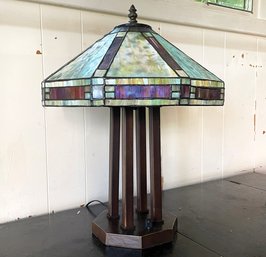 A Vintage Bronze And Stained Glass Accent Lamp In Style Of Frank Lloyd Wright