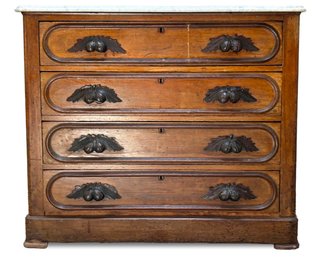 A Gorgeous 19th Century Pine Marble Top Dresser With Carved Wood Handles