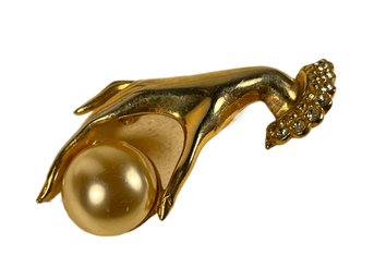 Vintage Gold Tone 1940s 1950s Hand With Large Faux Pearl Brooch