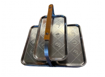 Mid Century Metal Folding Serving/ Appetizer Tray With Butterscotch Bakelite Handle