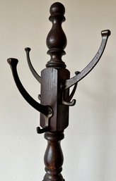 Vintage Wood Hall Tree Coat Rack With Bronze Hooks