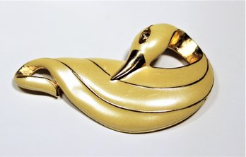 Vintage Gold Tone Cream Colored Enamel Swan Brooch