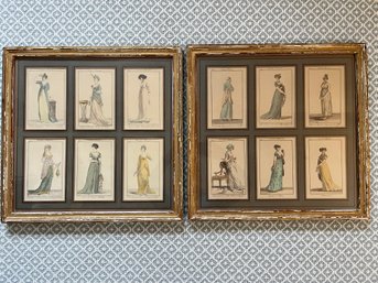 A Pair Of Framed Antique French Fashion Plates In Distressed Gilt Wood Frames