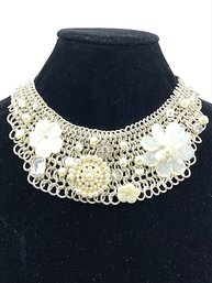 Silvertone Chainmail Style Floral Accented Bib Necklace